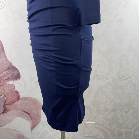 Nicole Miller Studio Navy Blue Sheath Ruched Knit Dress Size Small - Picture 7 of 14
